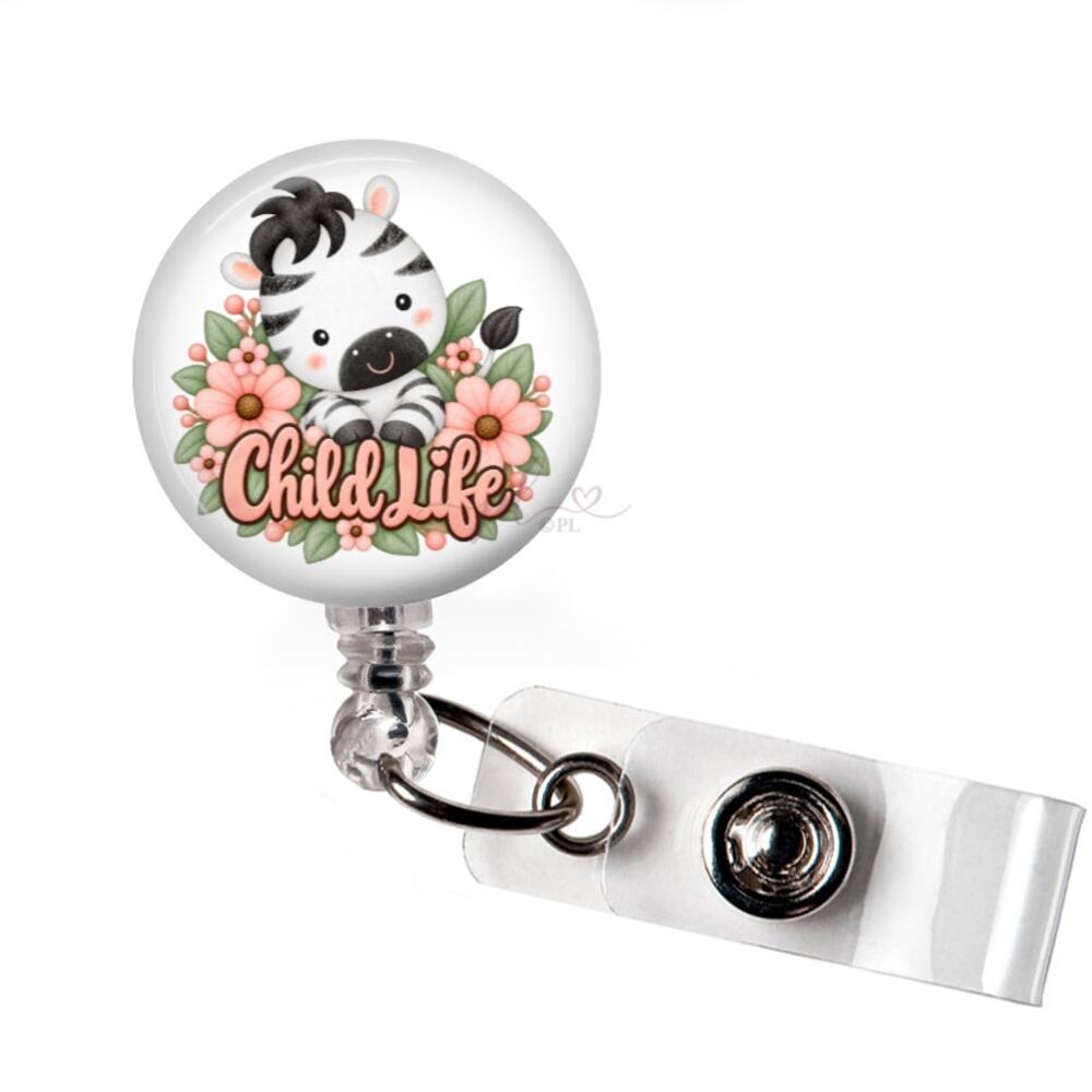 Child Life Specialist Badge Reel Pediatric Hospital Cute Zebra Floral ID Holder